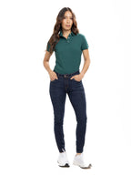 Jean Femenino | Azul Industrial Tache de Bronce Cuero Bolsillo Derecho