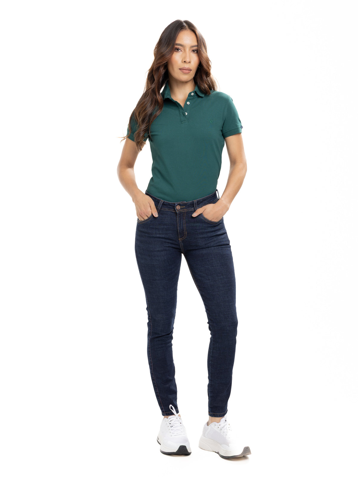 Jean Femenino | Azul Industrial Tache de Bronce Cuero Bolsillo Derecho