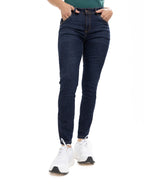 Jean Femenino | Azul Industrial Tache de Bronce Cuero Bolsillo Derecho