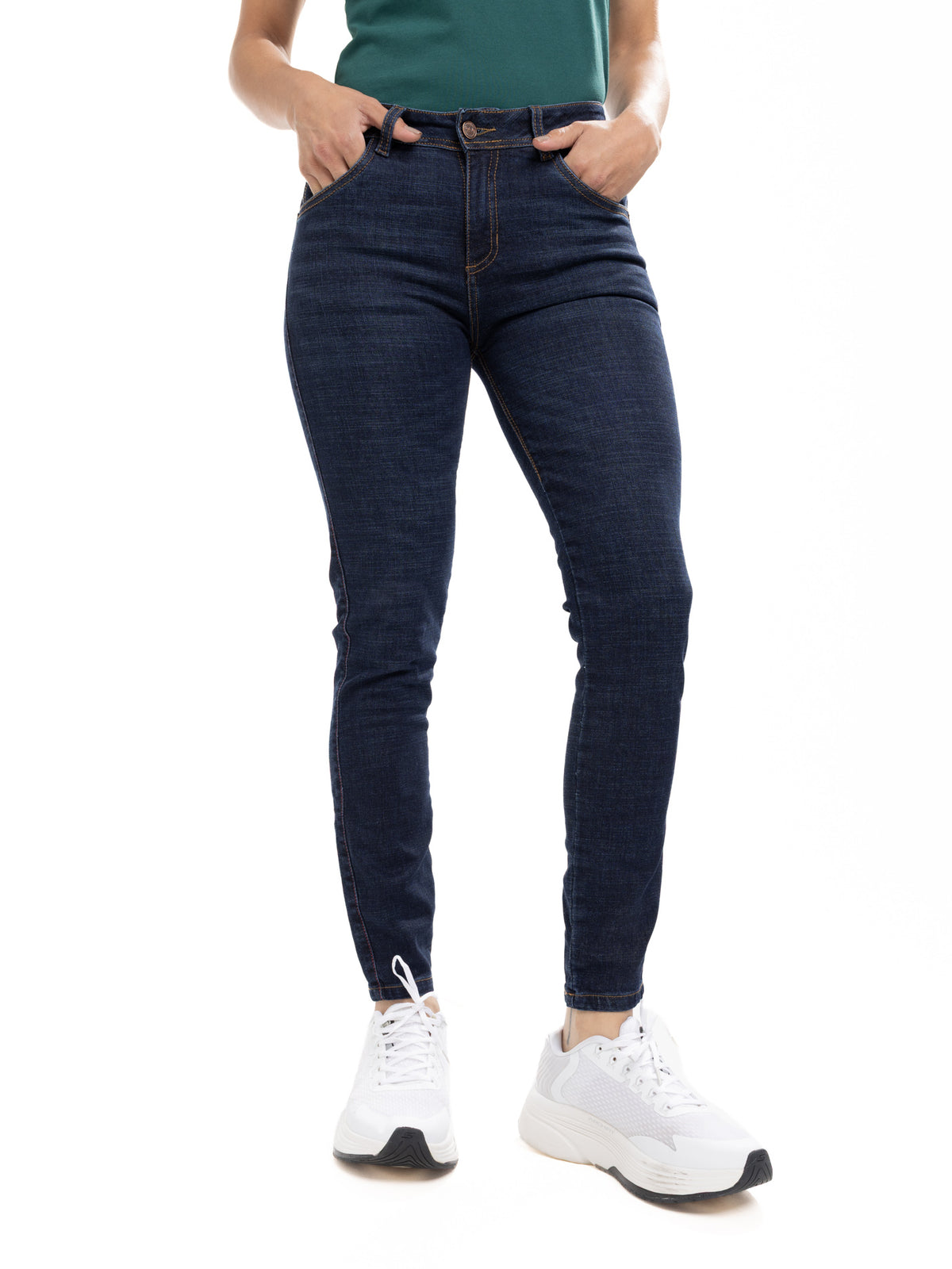 Jean Femenino | Azul Industrial Tache de Bronce Cuero Bolsillo Derecho