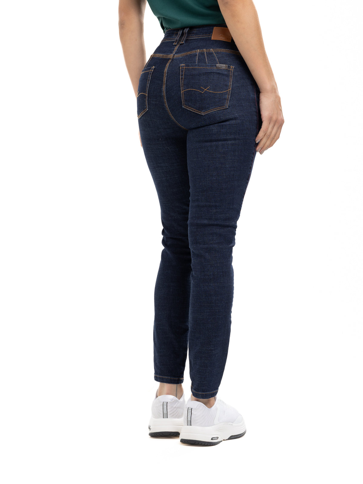 Jean Femenino | Azul Industrial Tache de Bronce Cuero Bolsillo Derecho