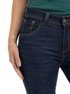 Jean Femenino | Azul Industrial Tache de Bronce Cuero Bolsillo Derecho