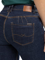 Jean Femenino | Azul Industrial Tache de Bronce Cuero Bolsillo Derecho