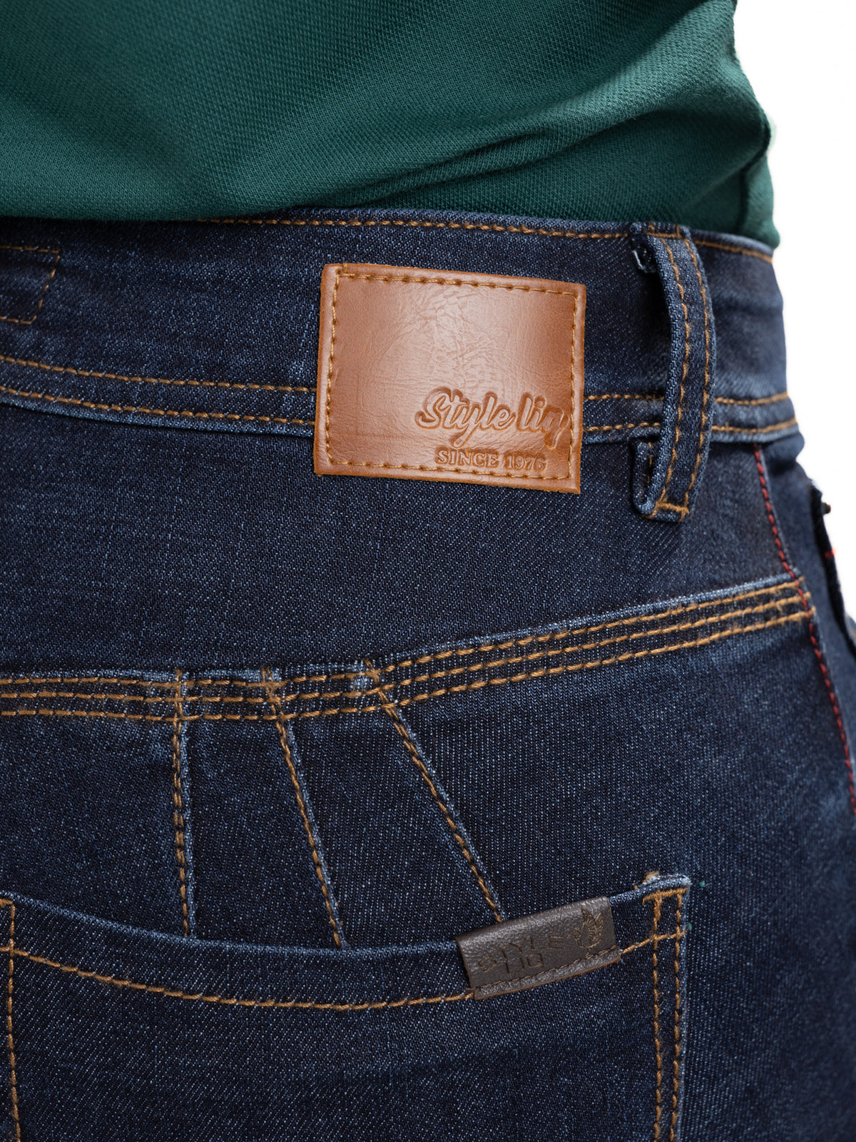 Jean Femenino | Azul Industrial Tache de Bronce Cuero Bolsillo Derecho