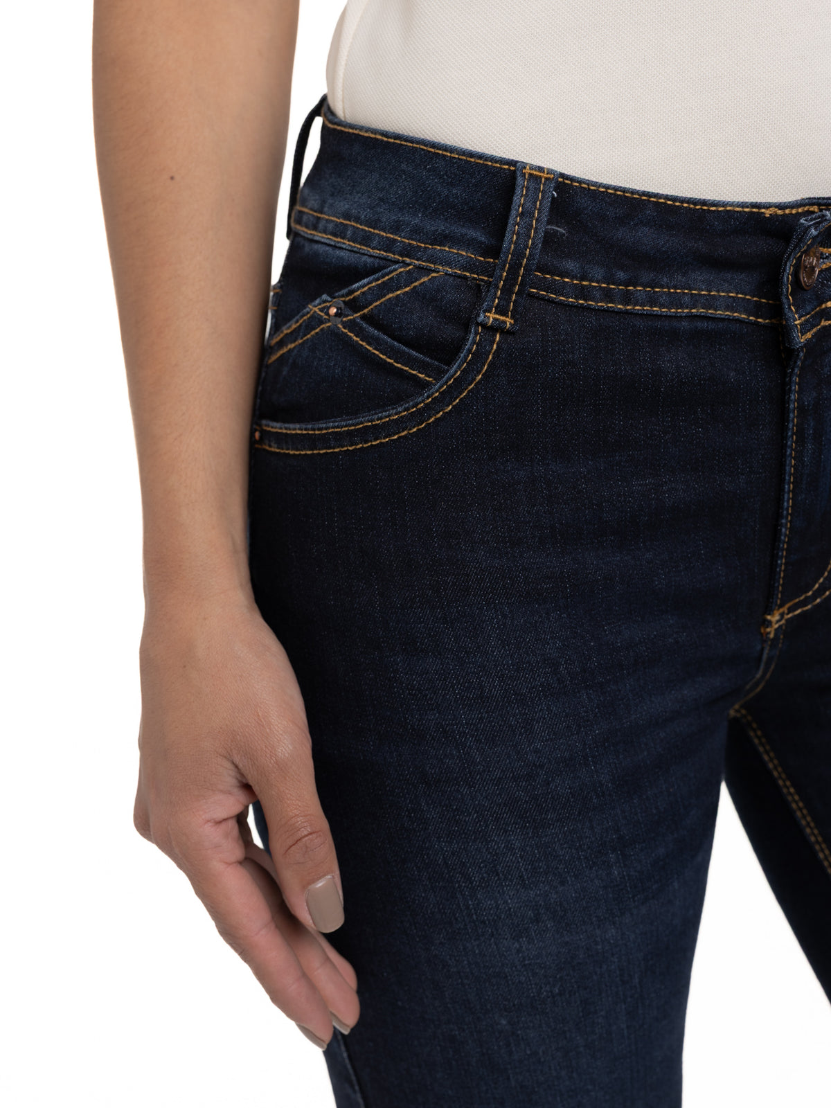 Jean Femenino | Azul Oscuro Tache Bronce y Relojero Cruzado