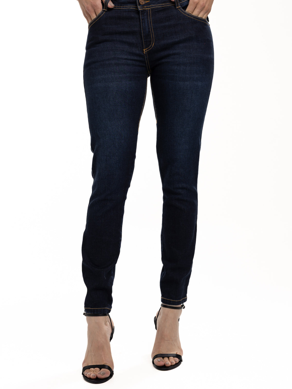 Jean Femenino | Azul Oscuro Tache Bronce y Relojero Cruzado