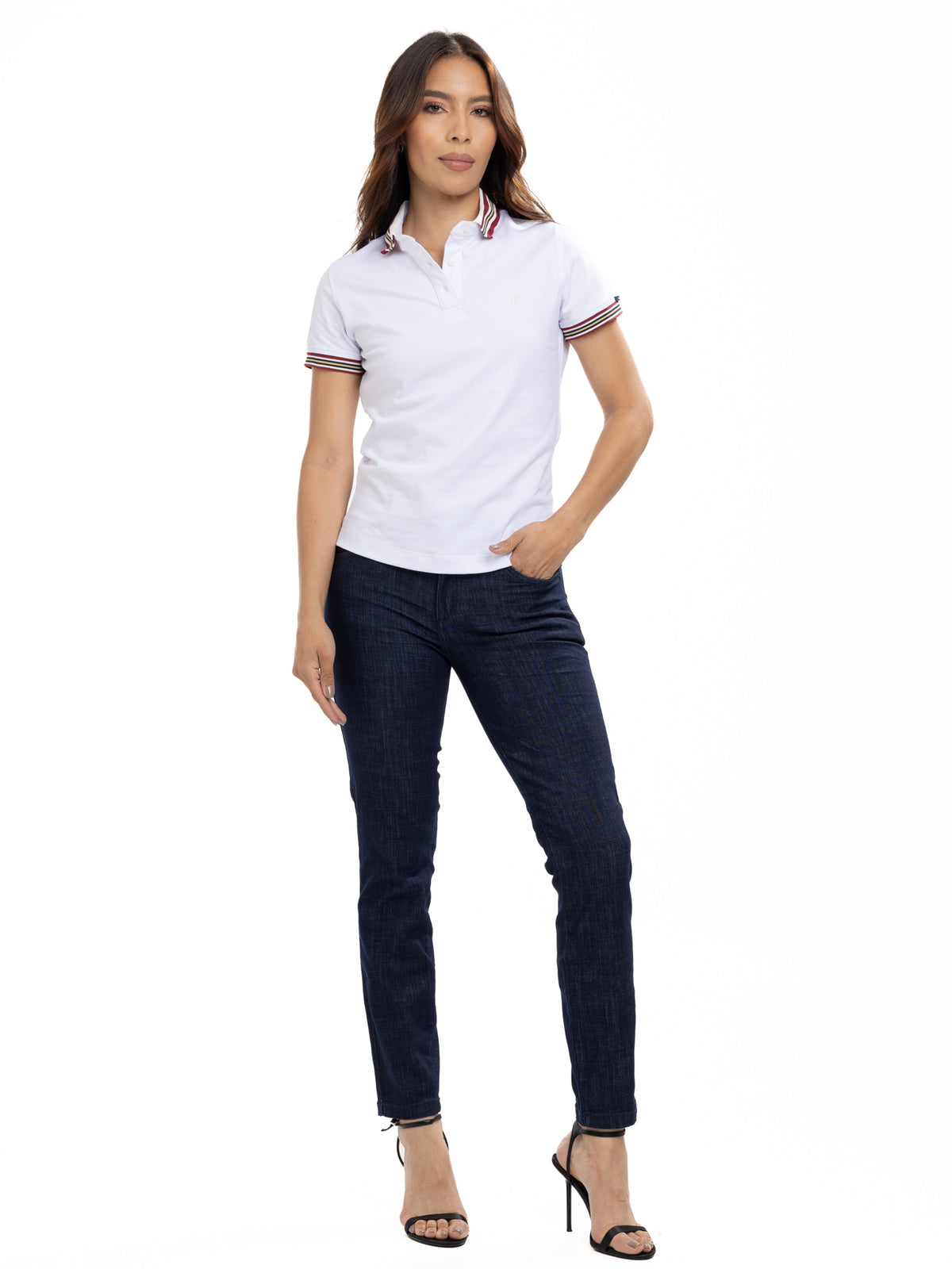 Polo Moda Femenino | Blanco con Cuello Beige Vinotinto, vista 1