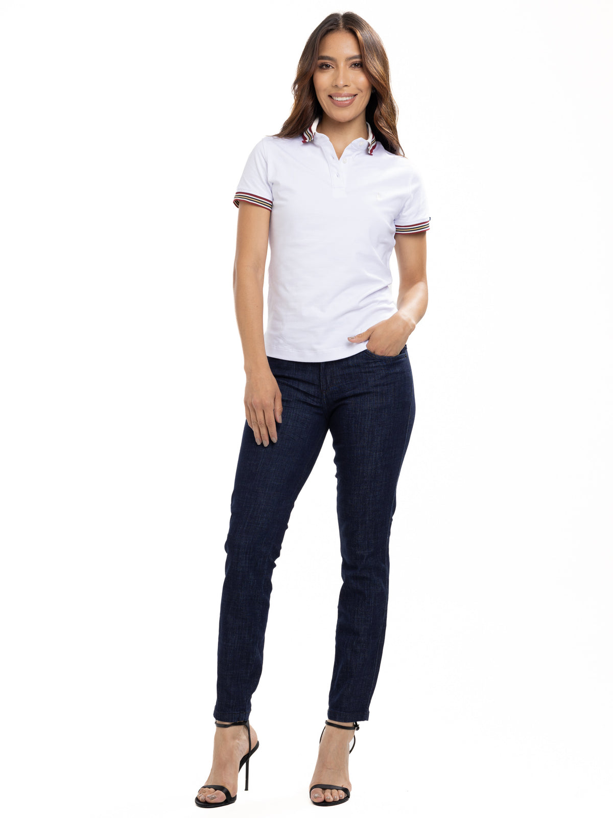 Polo Moda Femenino | Blanco con Cuello Beige Vinotinto, vista 2