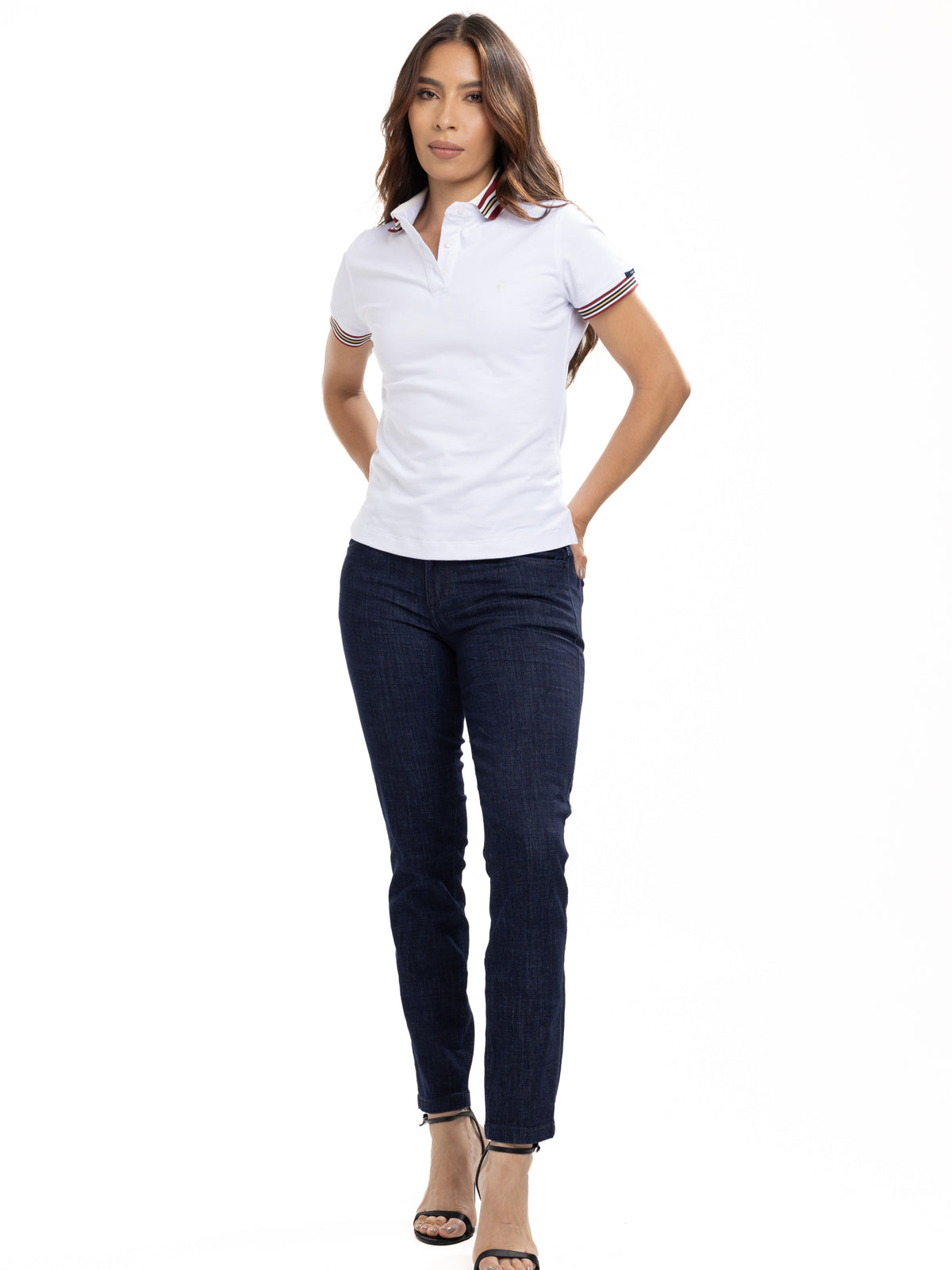 Polo Moda Femenino | Blanco con Cuello Beige Vinotinto, vista 3