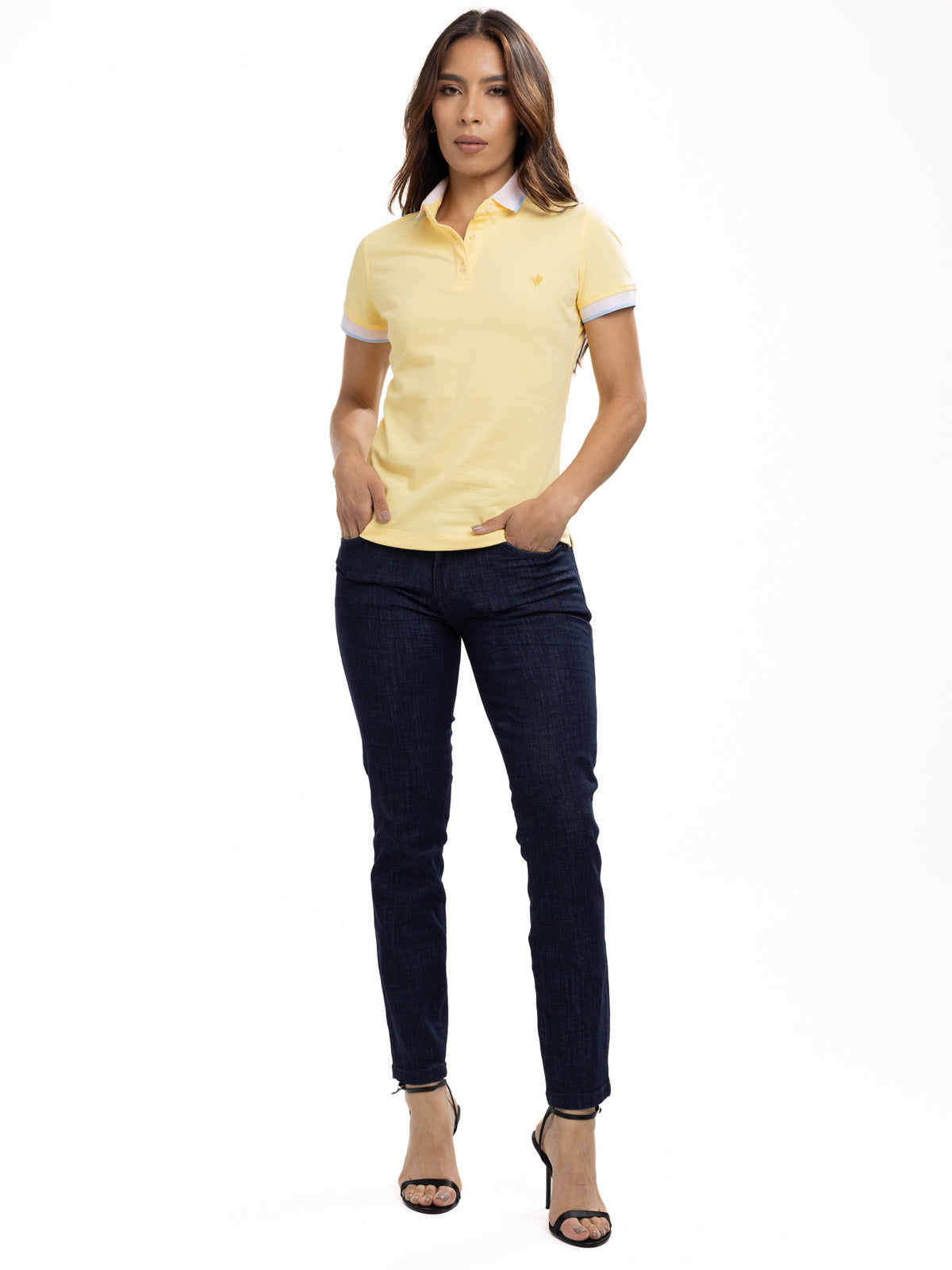 Polo Moda Femenino | Amarillo con Cuello Rosado, vista 3