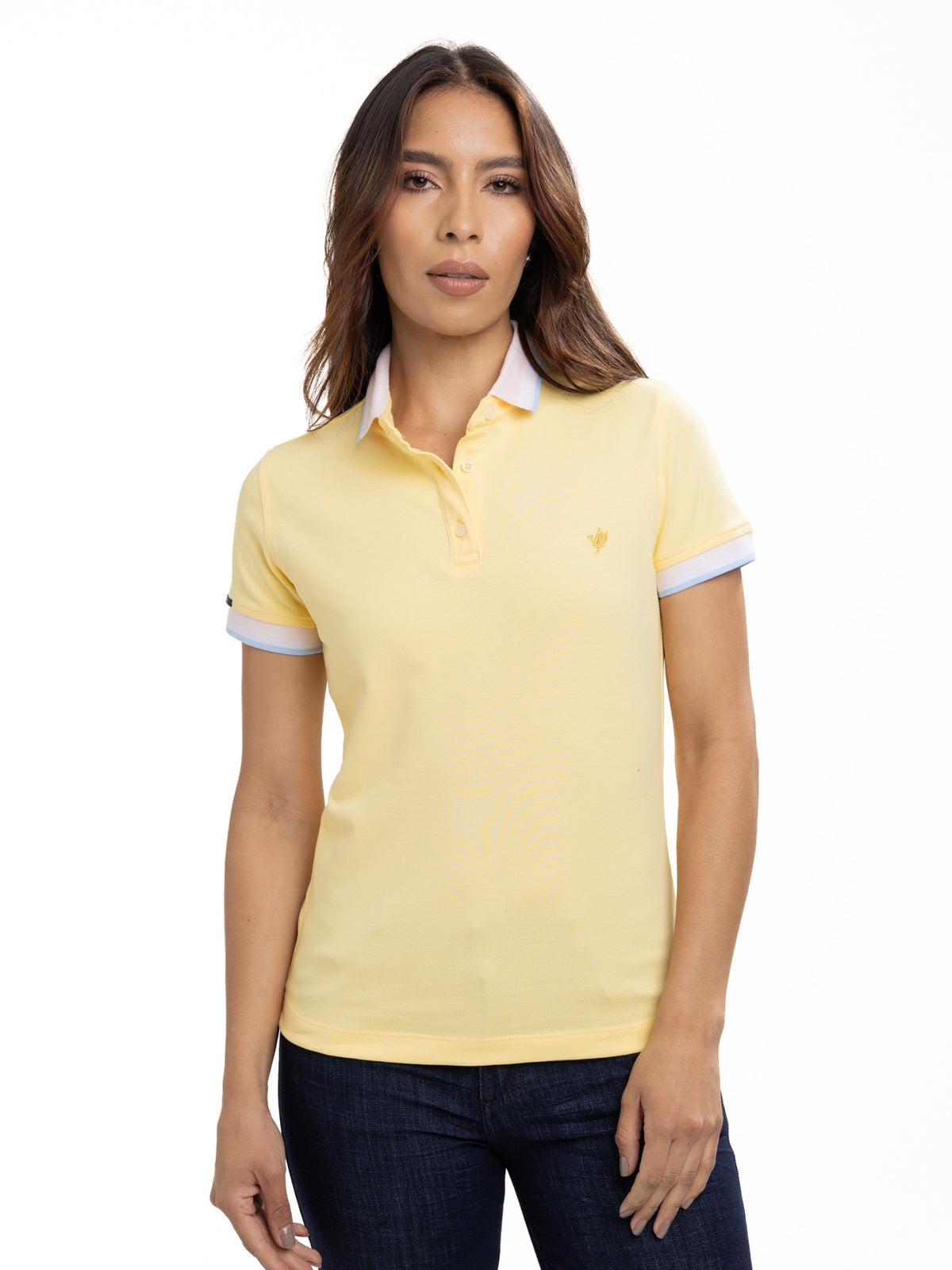 Polo Moda Femenino | Amarillo con Cuello Rosado, vista 6