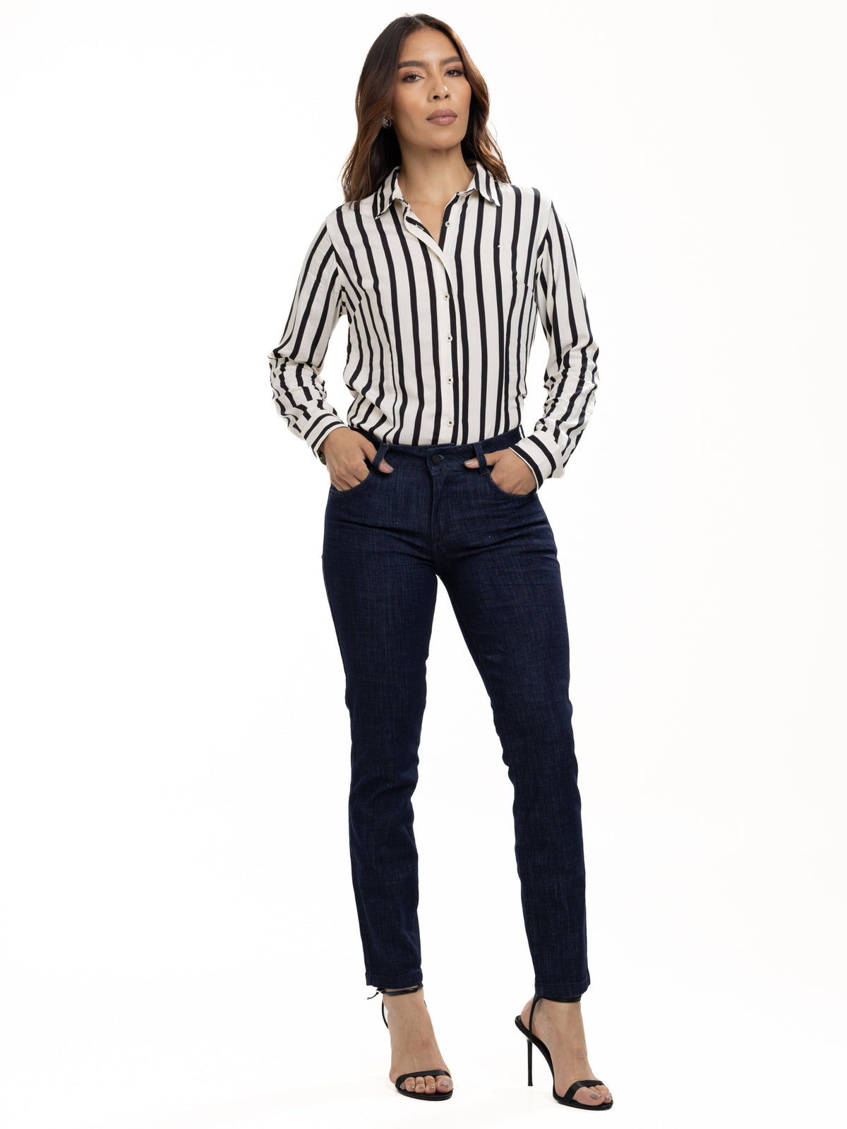 Blusa Femenina Manga Larga | Rayas Beige y Negro, vista 1