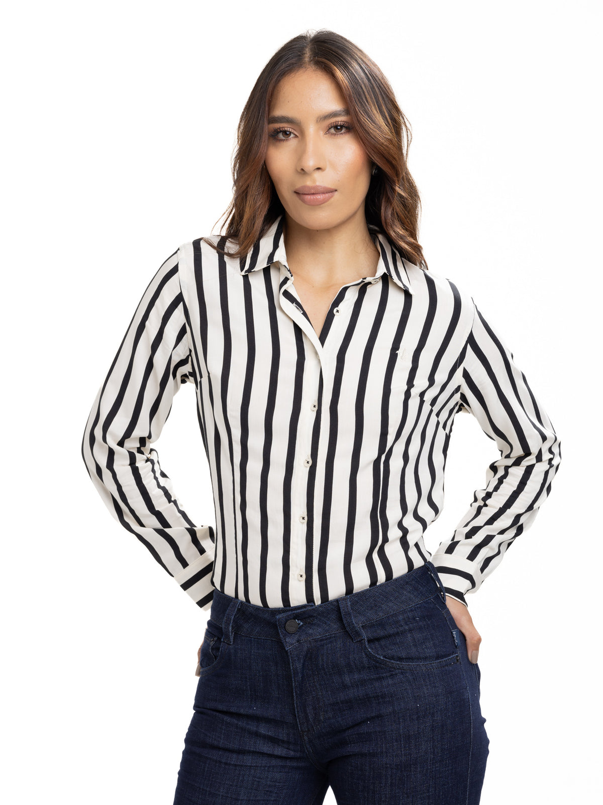 Blusa Femenina Manga Larga | Rayas Beige y Negro, vista 6