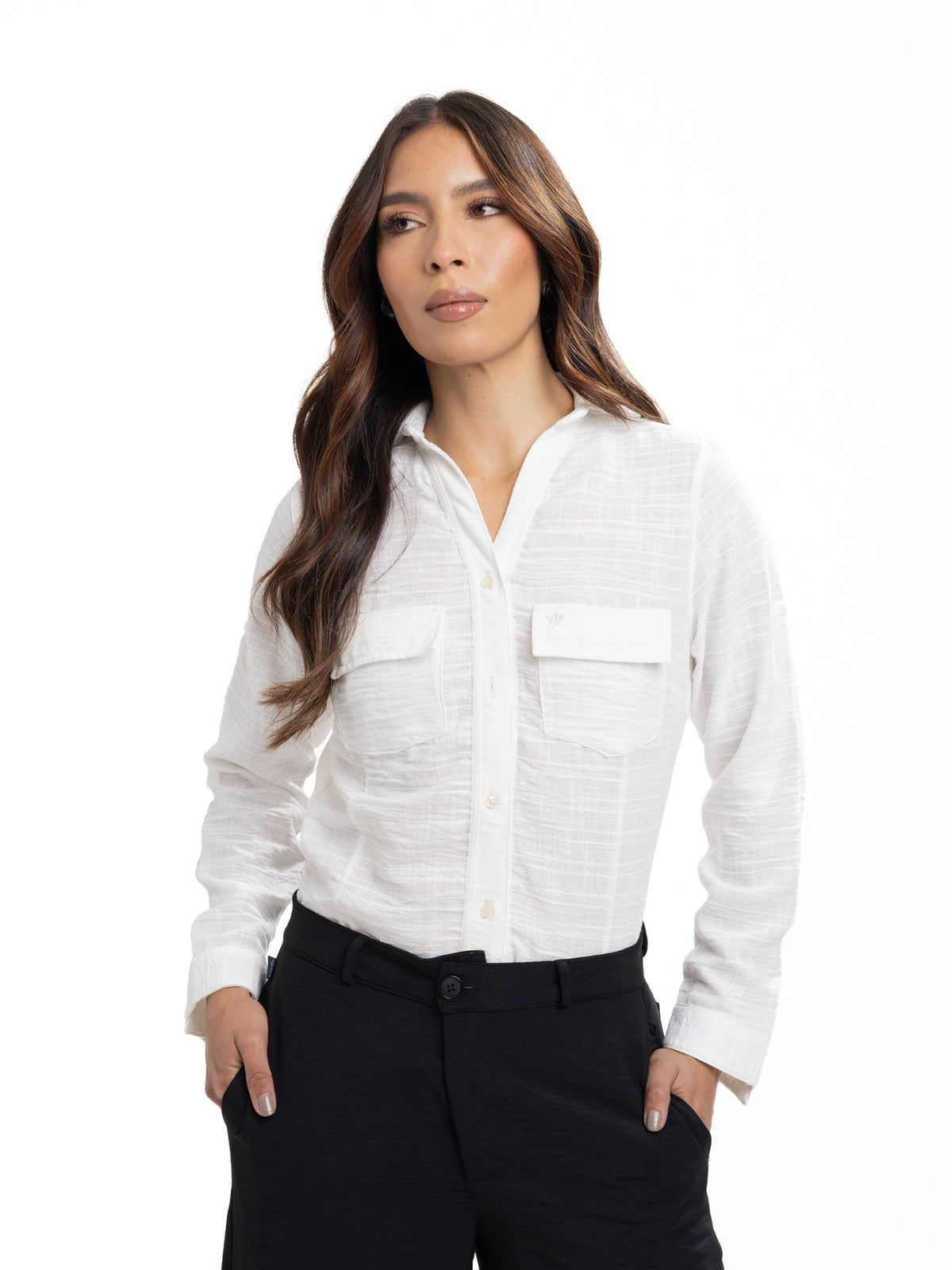Blusa Femenina Manga Larga | Beige Cinta en Pechera, vista 5