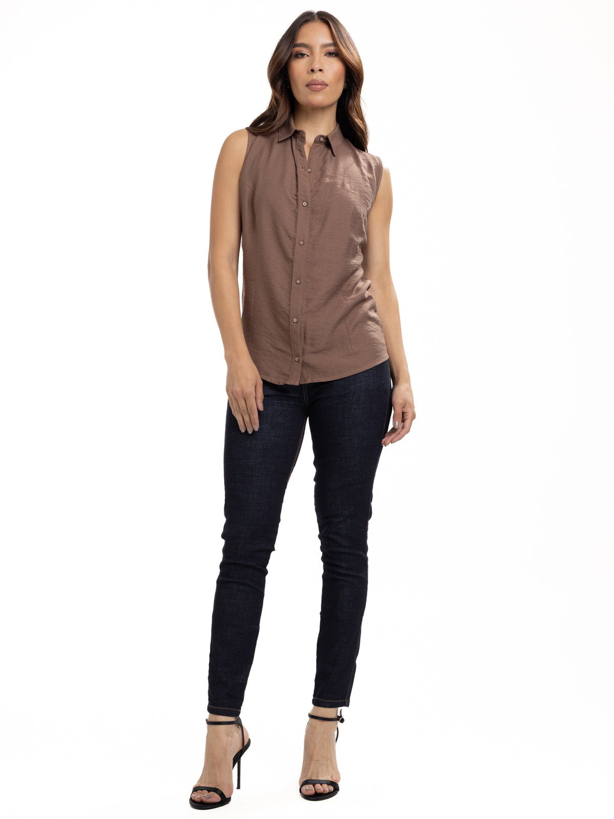 Blusa Femenina sin Mangas | Café con Cuello Normal, vista 2