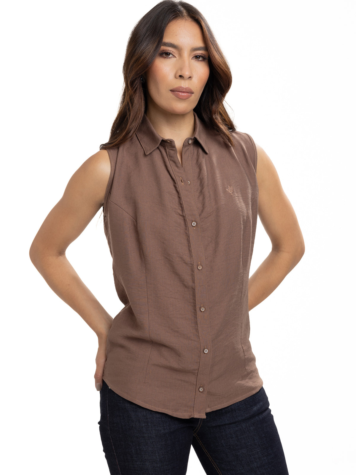 Blusa Femenina sin Mangas | Café con Cuello Normal, vista 3