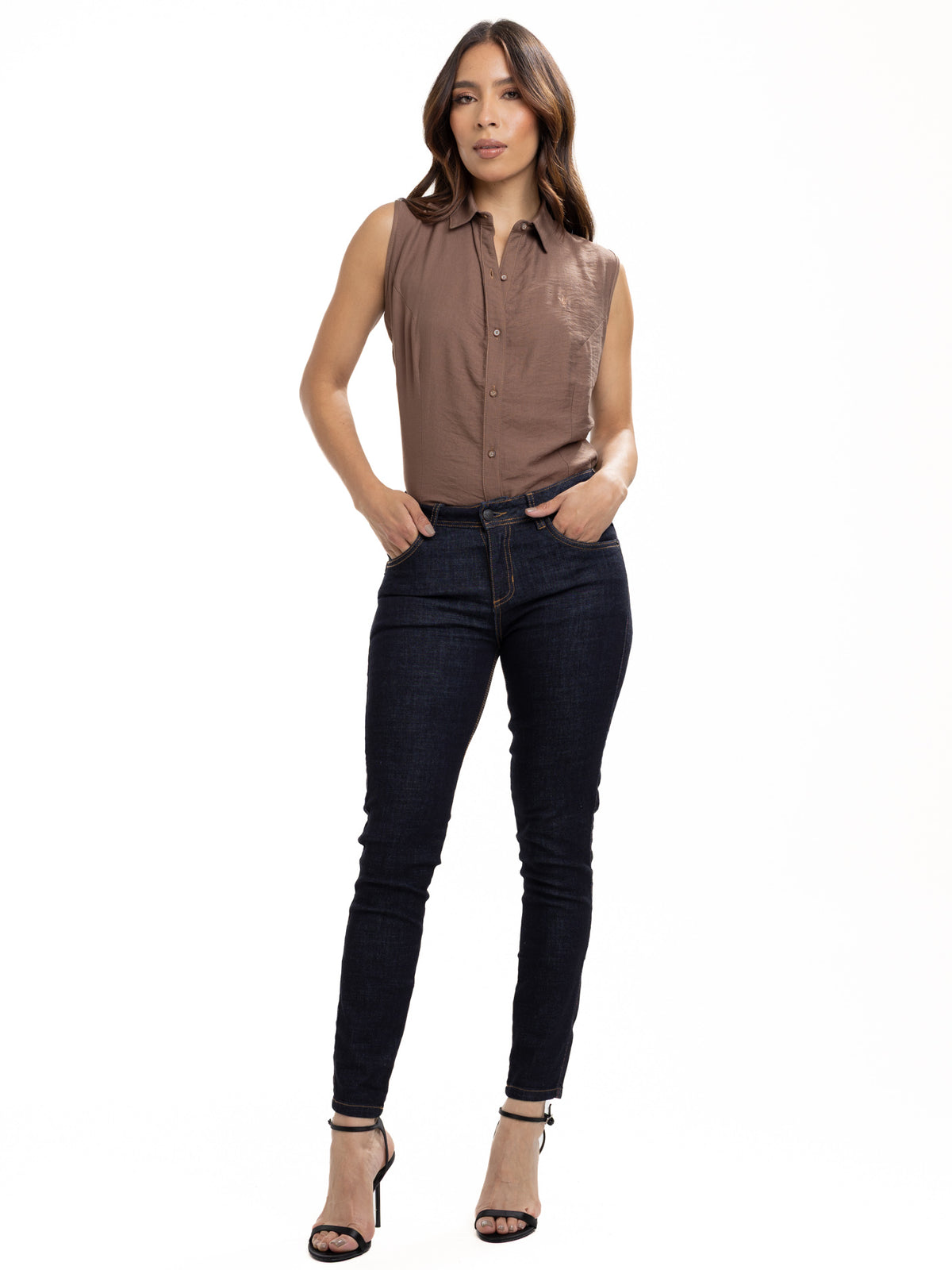 Jean Femenino | Azul Industrial Oscuro Tache Negro Cuero Boca de Bolsillo Derecho — foto 1