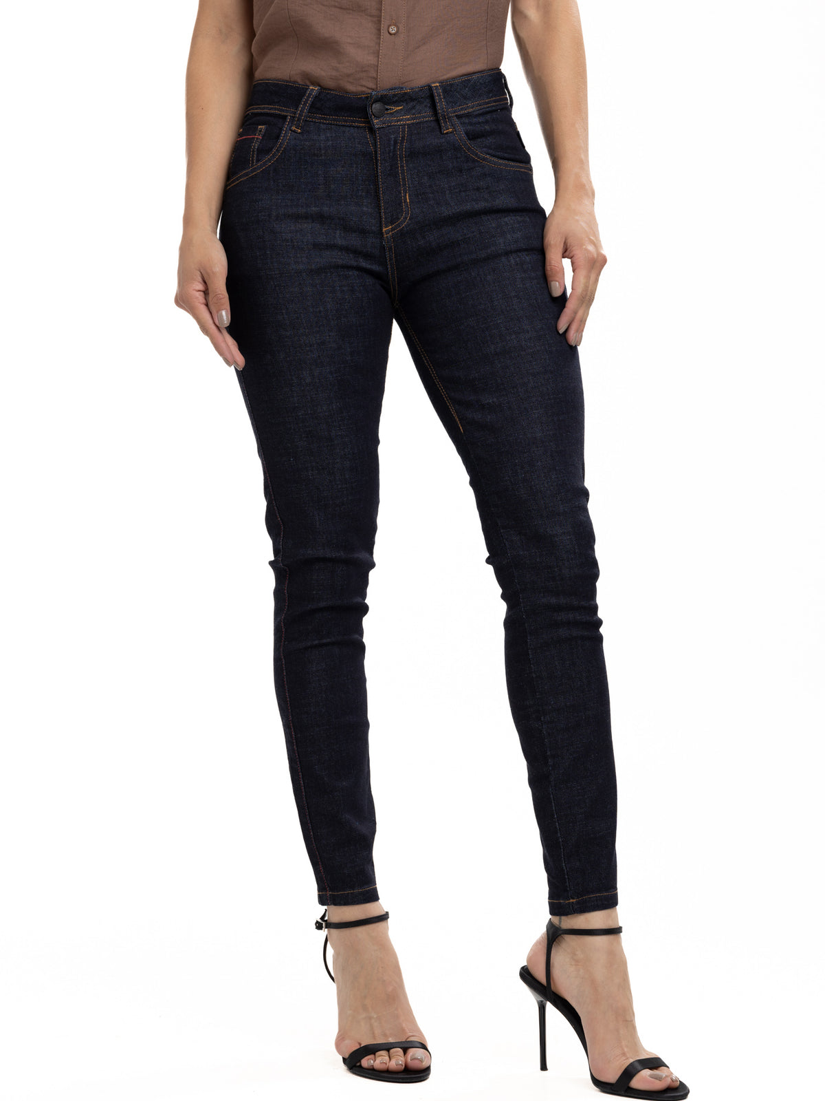 Jean Femenino | Azul Industrial Oscuro Tache Negro Cuero Boca de Bolsillo Derecho — foto 4