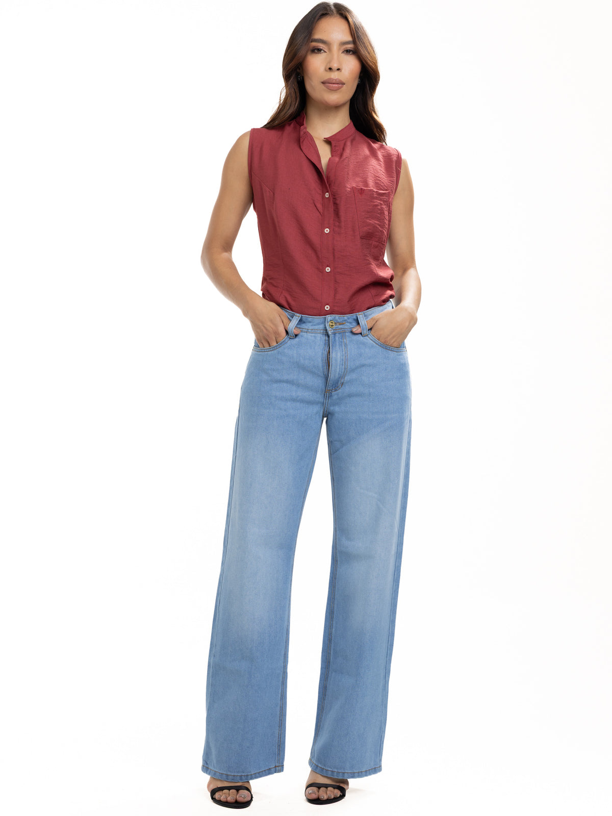Blusa Femenina sin Mangas | Vinotinto con Cuello Nerú, vista 1