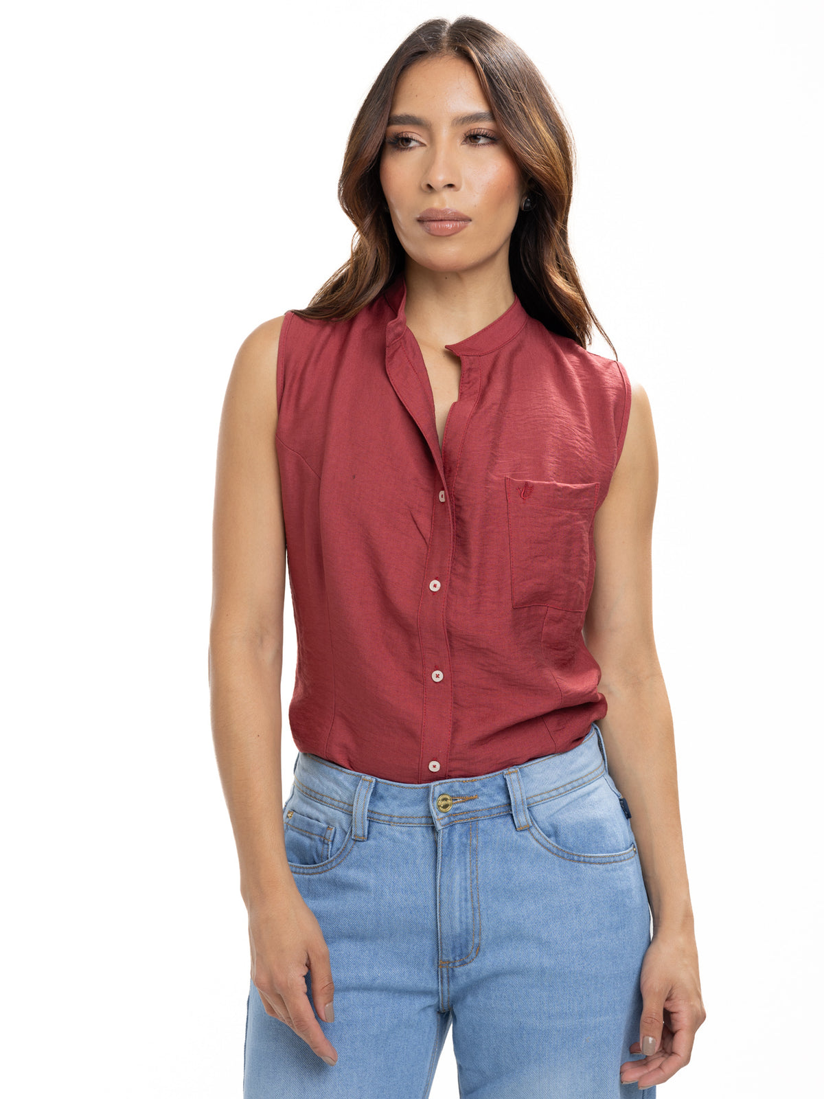 Blusa Femenina sin Mangas | Vinotinto con Cuello Nerú, vista 3