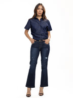 Blusa Femenina Manga Corta | Azul Denim Botón Café y Ribete, vista 1