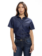 Blusa Femenina Manga Corta | Azul Denim Botón Café y Ribete, vista 3