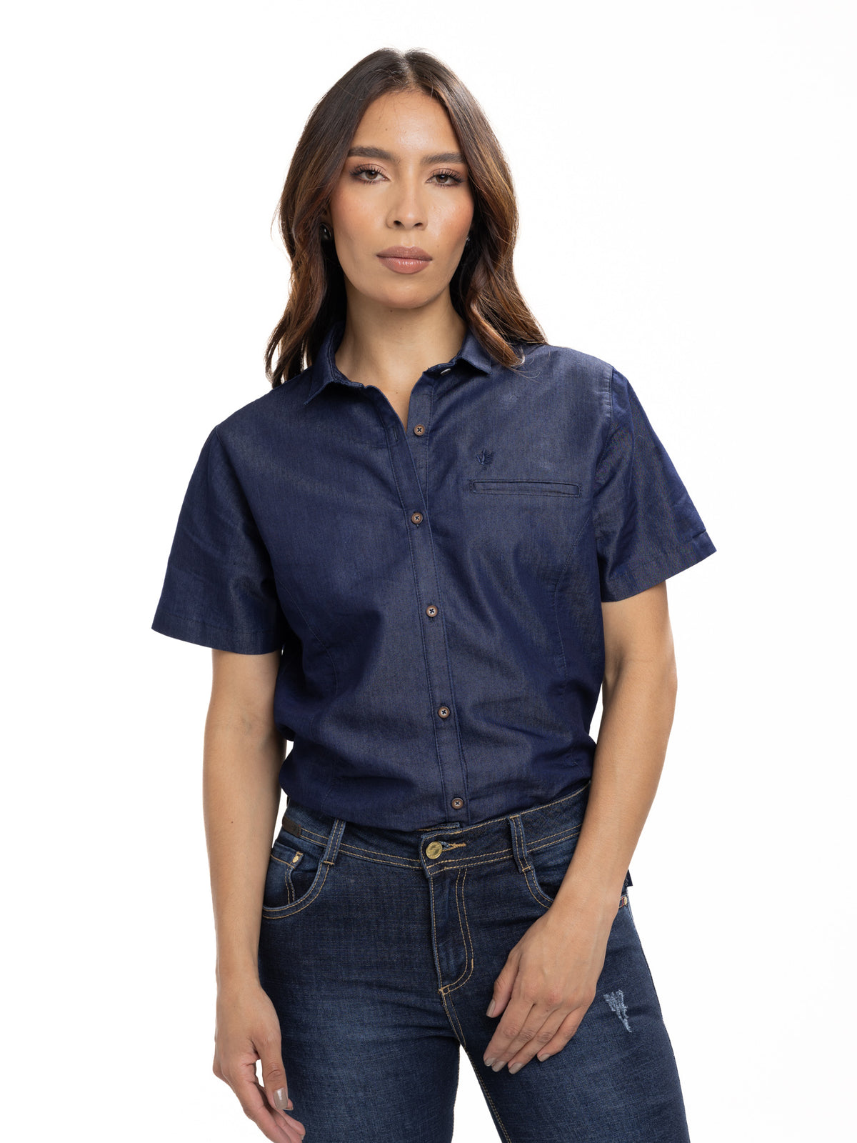 Blusa Femenina Manga Corta | Azul Denim Botón Café y Ribete, vista 4