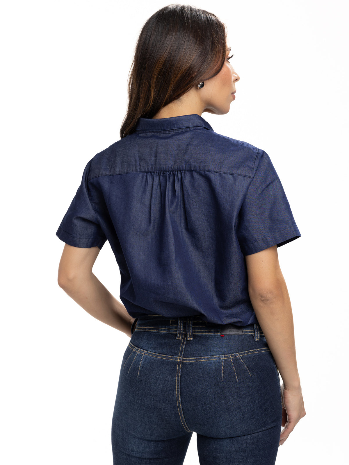 Blusa Femenina Manga Corta | Azul Denim Botón Café y Ribete, vista 6