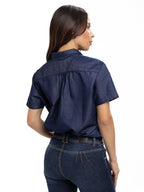 Blusa Femenina Manga Corta | Azul Denim Botón Café y Ribete, vista 7