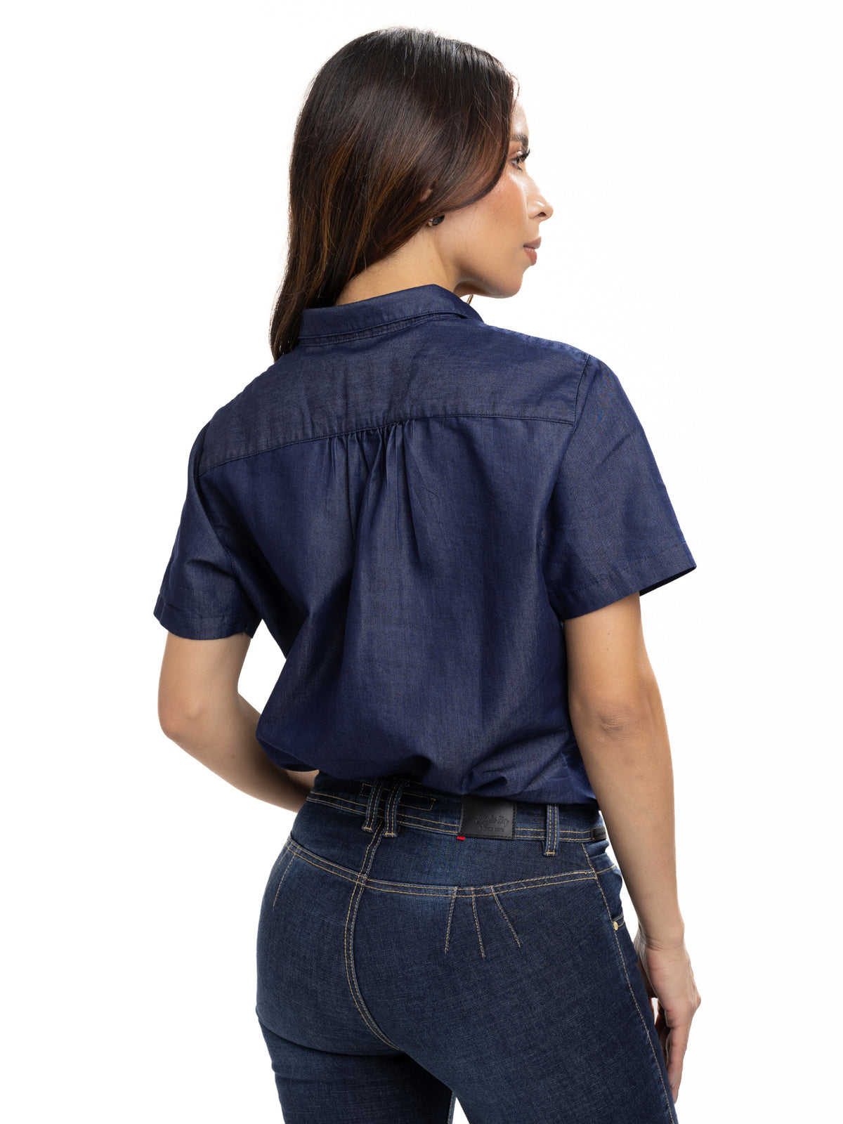 Blusa Femenina Manga Corta | Azul Denim Botón Café y Ribete, vista 7