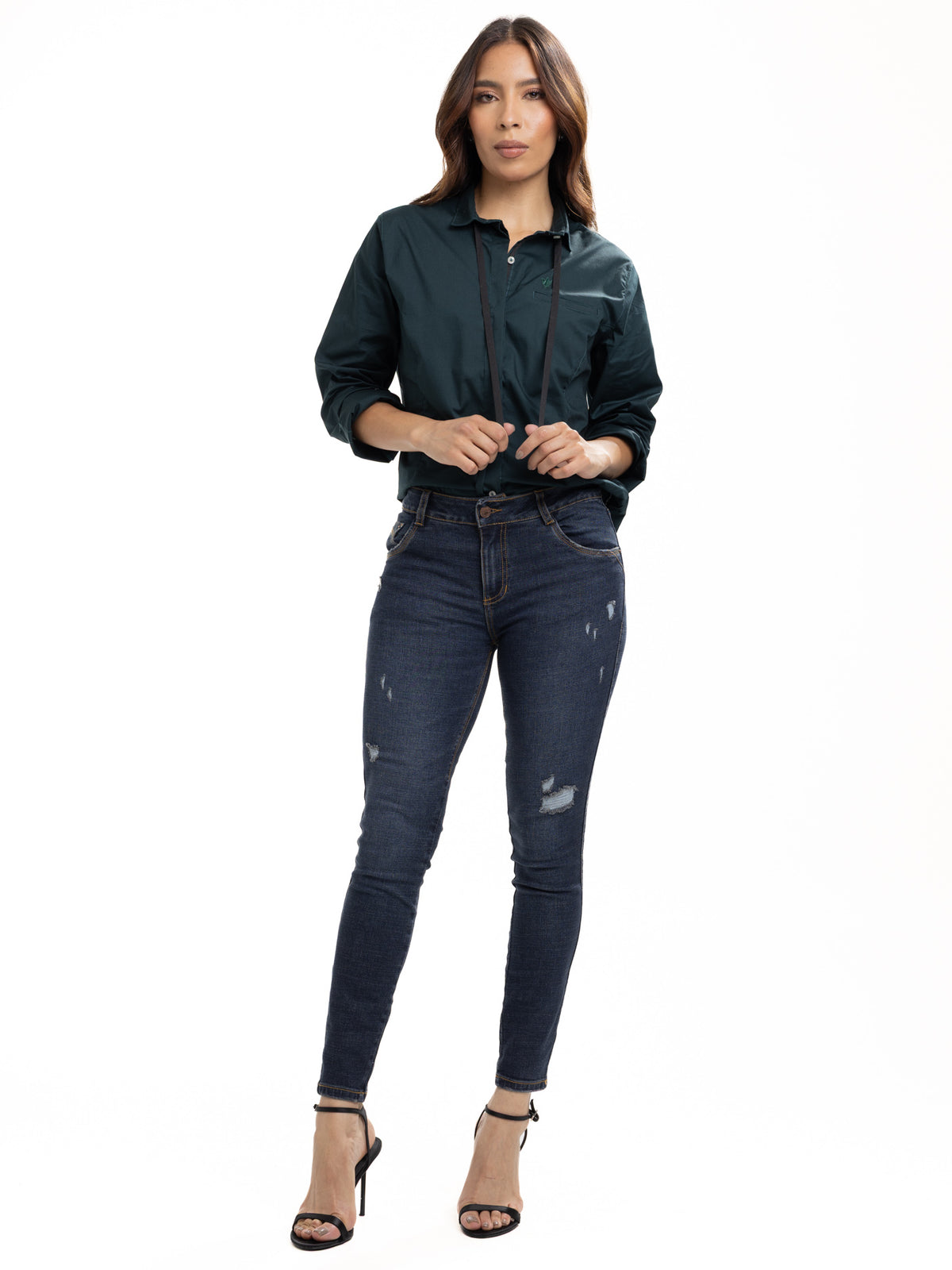 Blusa Femenina Manga Larga | Verde Botella y Cinta Negra en Cuello, vista 1