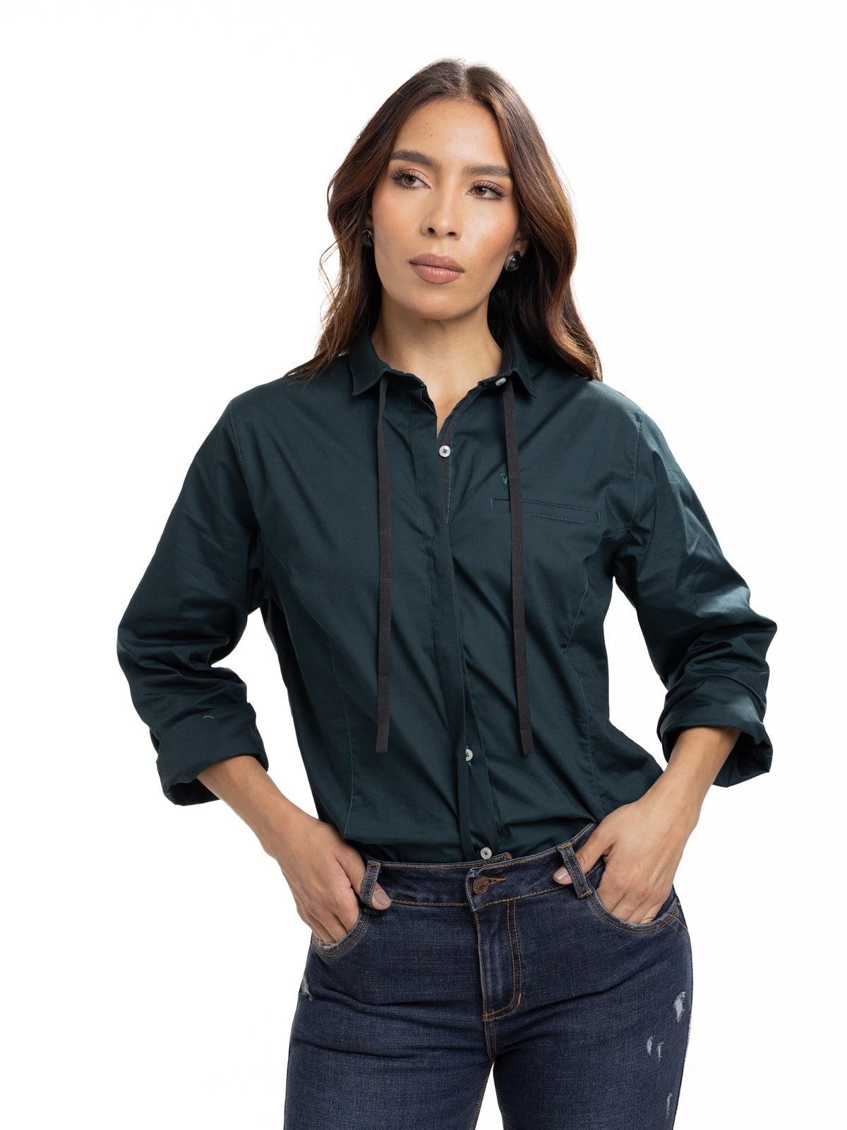 Blusa Femenina Manga Larga | Verde Botella y Cinta Negra en Cuello, vista 2
