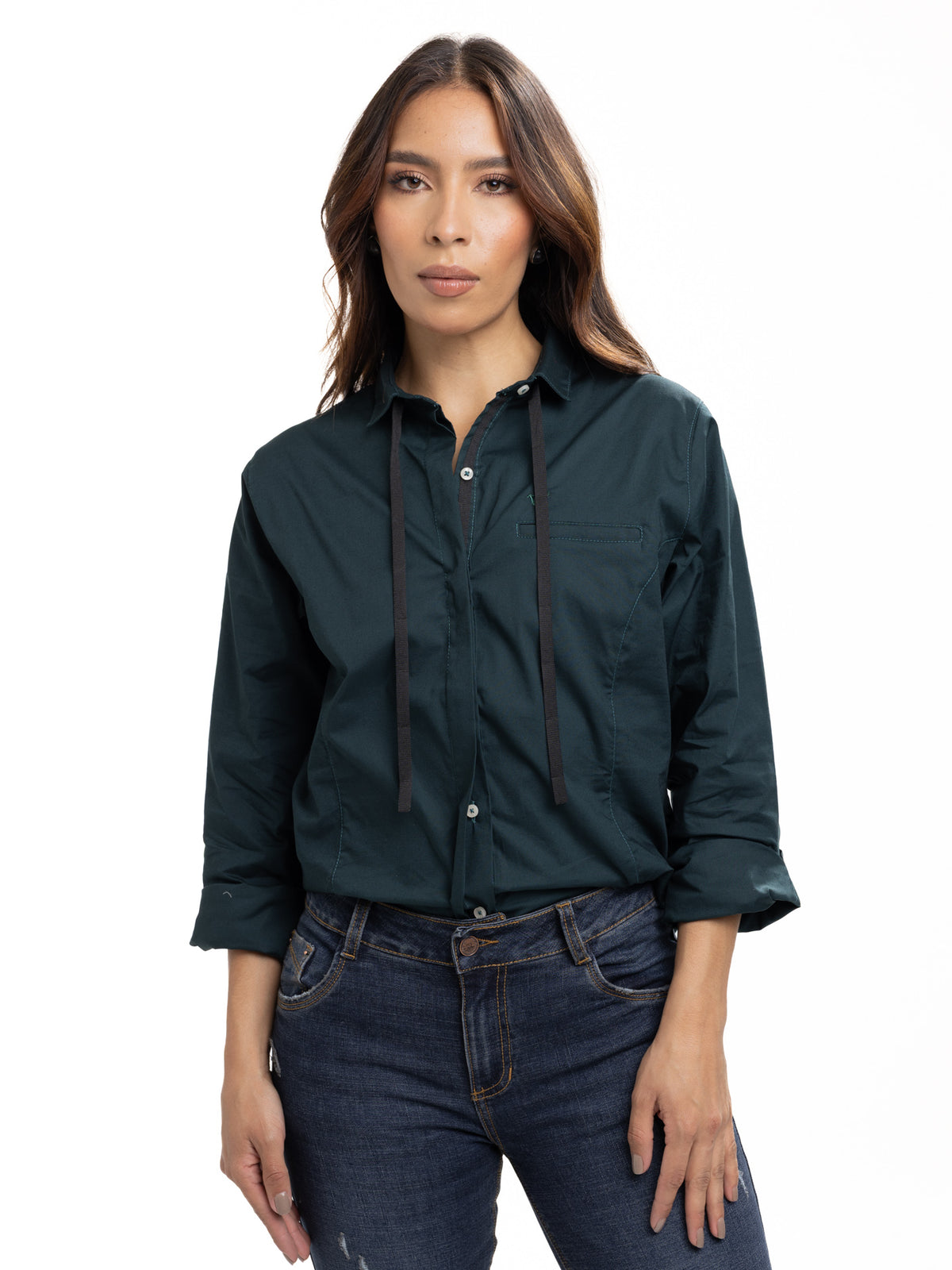 Blusa Femenina Manga Larga | Verde Botella y Cinta Negra en Cuello, vista 3