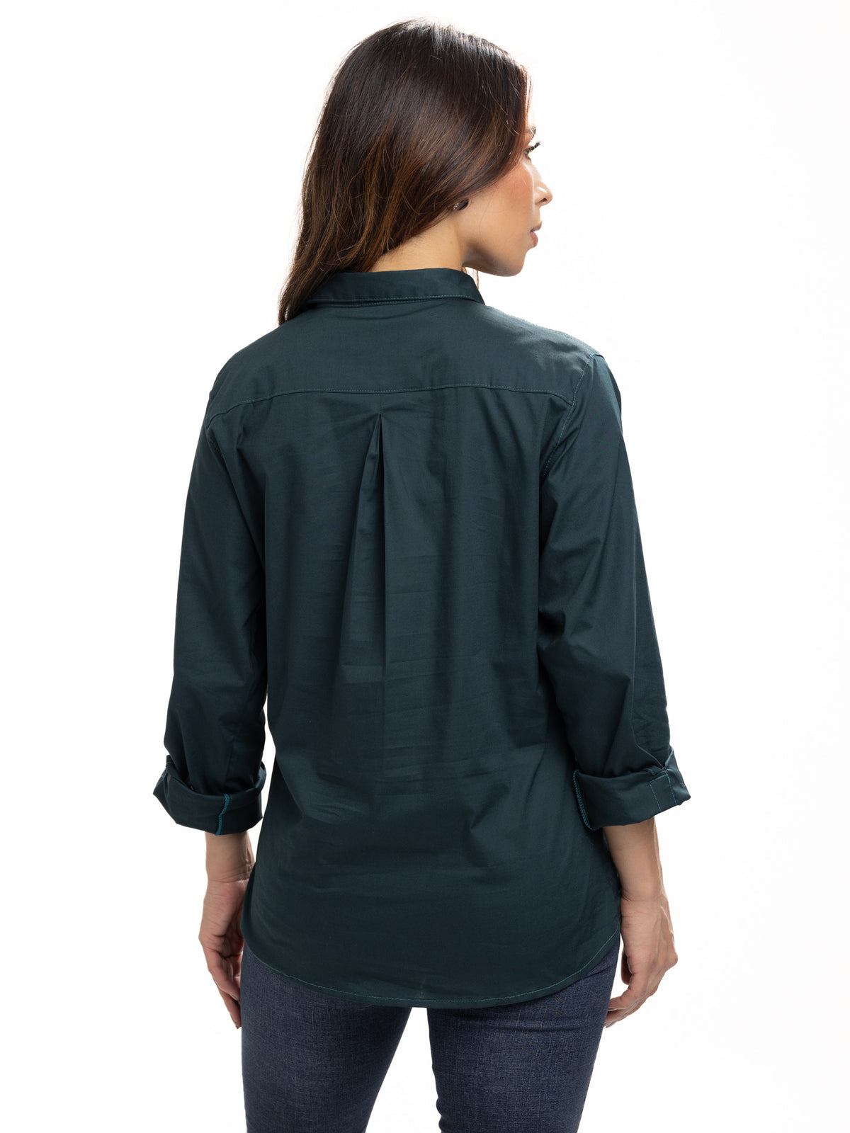 Blusa Femenina Manga Larga | Verde Botella y Cinta Negra en Cuello, vista 6