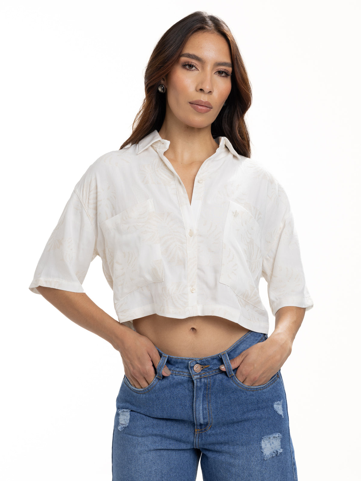 Blusa Femenina Manga Corta | Beige Estampada Over, vista 2