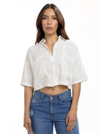 Blusa Femenina Manga Corta | Beige Estampada Over, vista 3