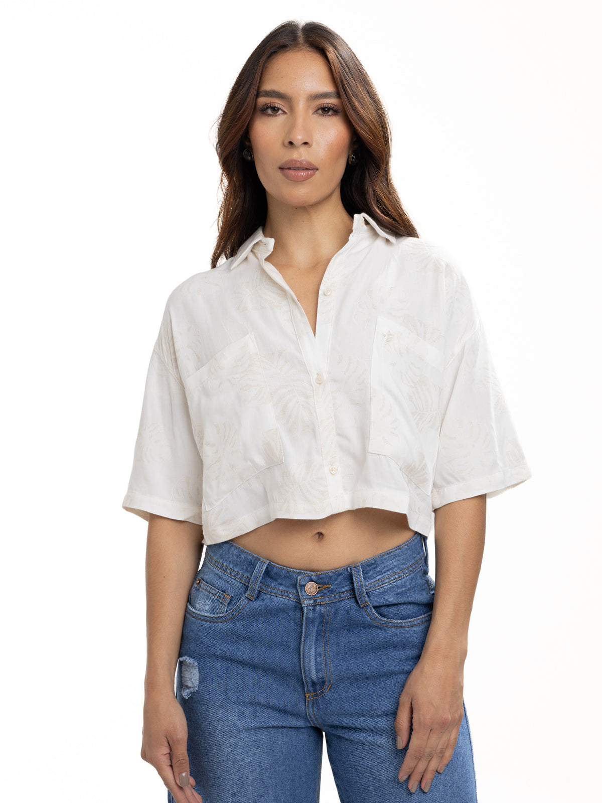 Blusa Femenina Manga Corta | Beige Estampada Over, vista 3