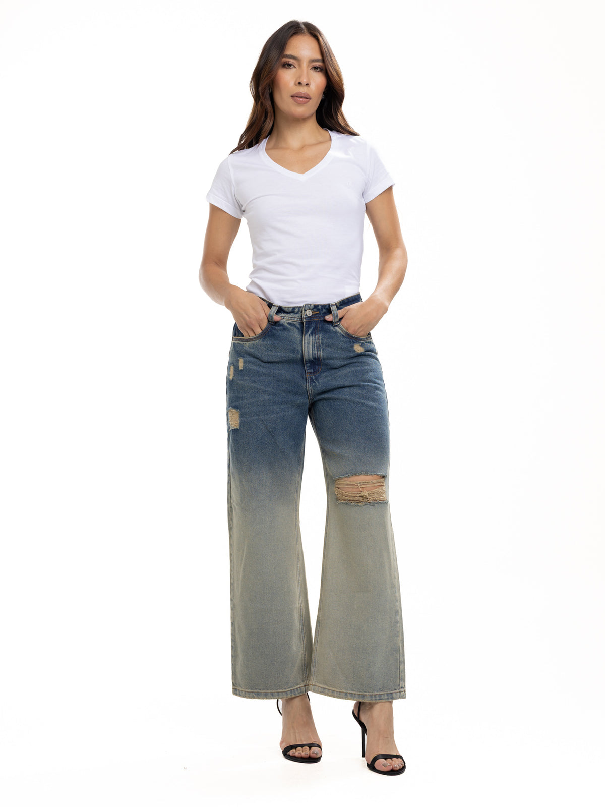 Jean Femenino | Rígido de Bota Ancha Rotos Doble (azul-amarillo) — foto 1