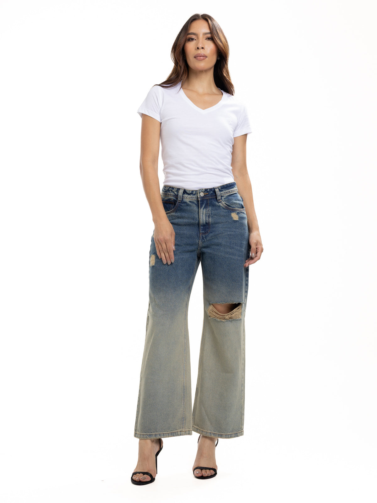 Jean Femenino | Rígido de Bota Ancha Rotos Doble (azul-amarillo) — foto 2