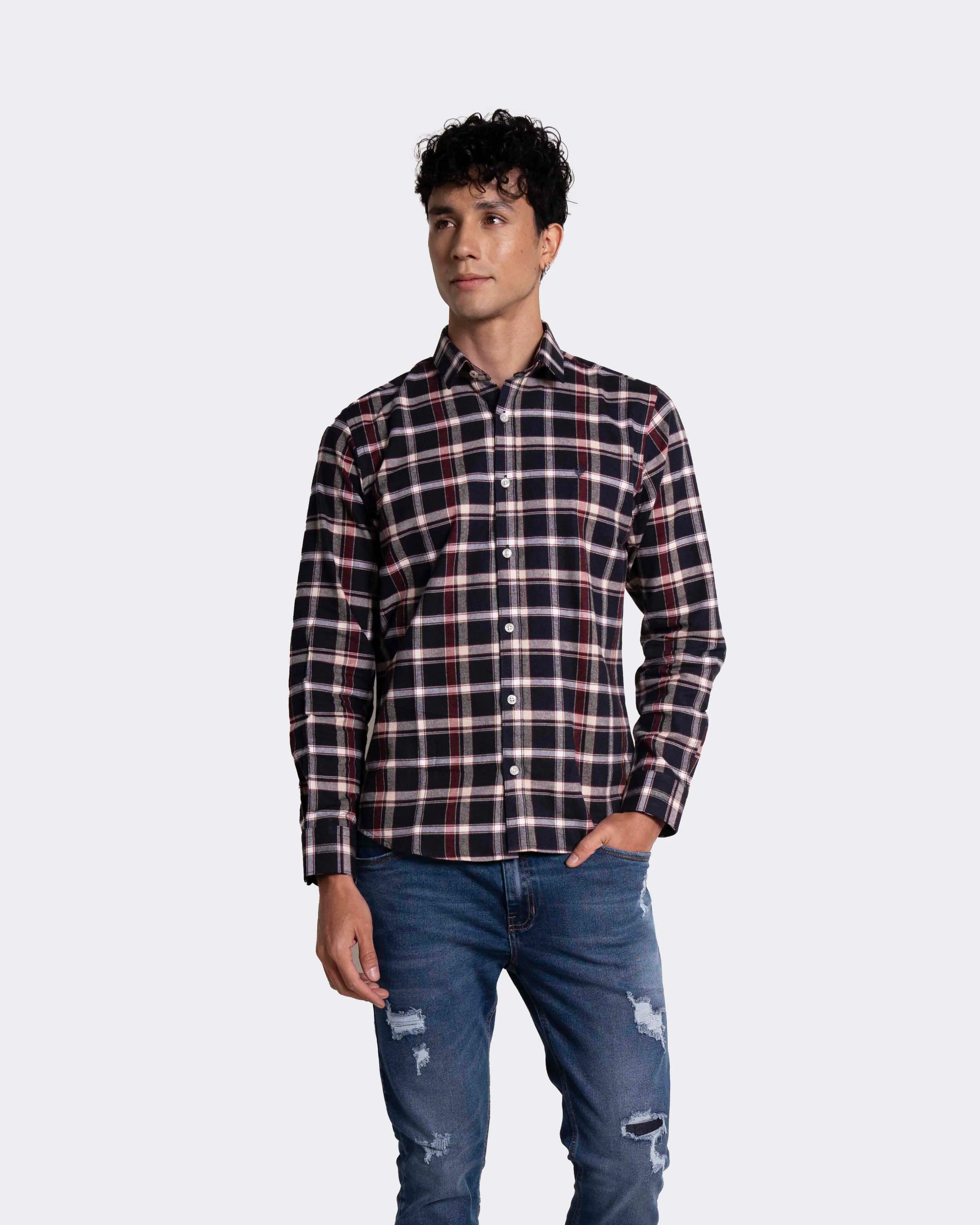 Camisa para hombre manga larga cuadros negro y Vinotinto