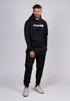 Hoodie Negro con Estampado y Detalles en Rojo