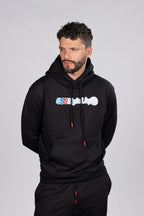 Hoodie Negro con Estampado y Detalles en Rojo