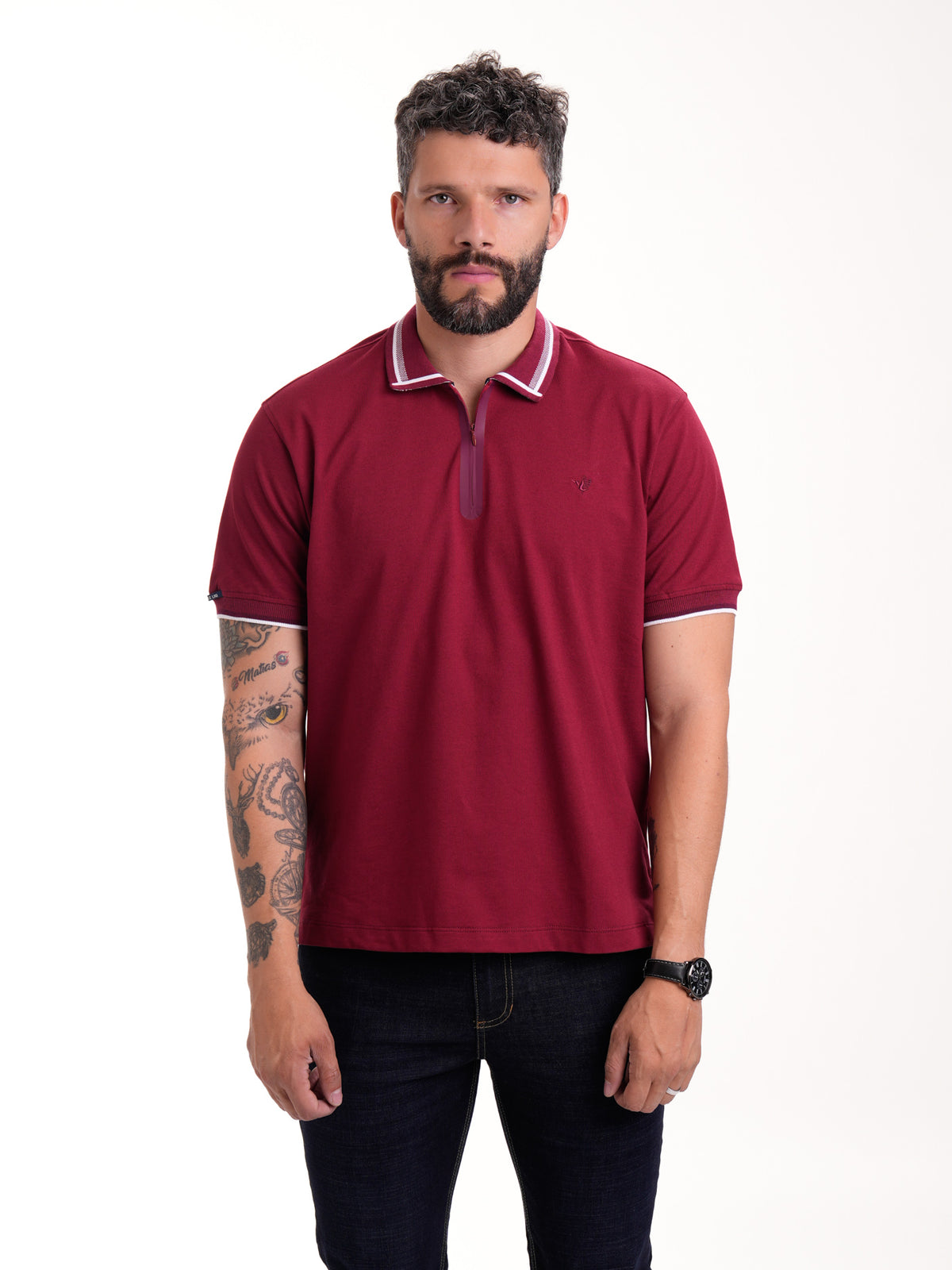 Polo Moda Masculino | Vinotinto con Cremallera y Franjas Blancas — foto 2