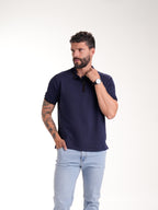 Polo Moda Masculino | Azul Oscuro Cremallera Tejida en Rib con Cuello a Tono y Línea Café, vista 3