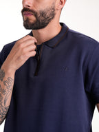 Polo Moda Masculino | Azul Oscuro Cremallera Tejida en Rib con Cuello a Tono y Línea Café, vista 7