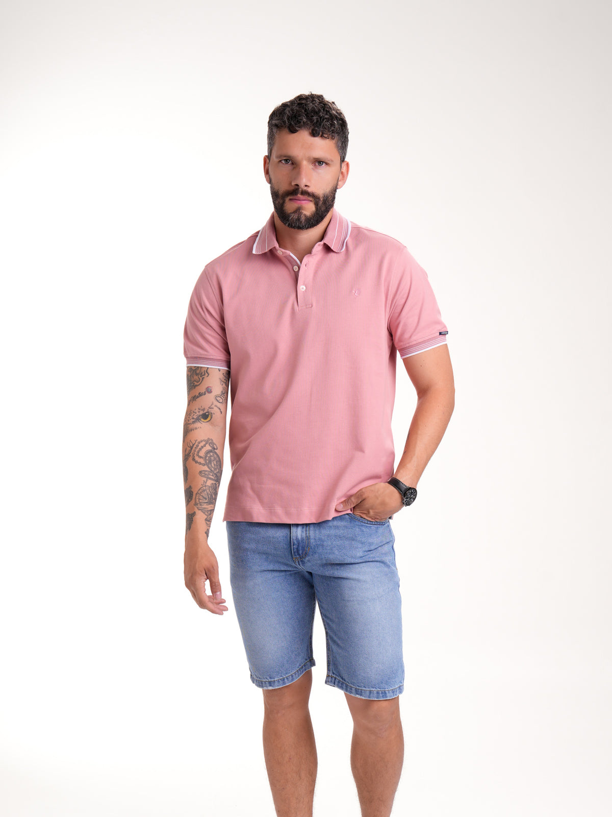 Polo Moda Masculino | Rosado con Cuello a Tono y Líneas Blancas — foto 2