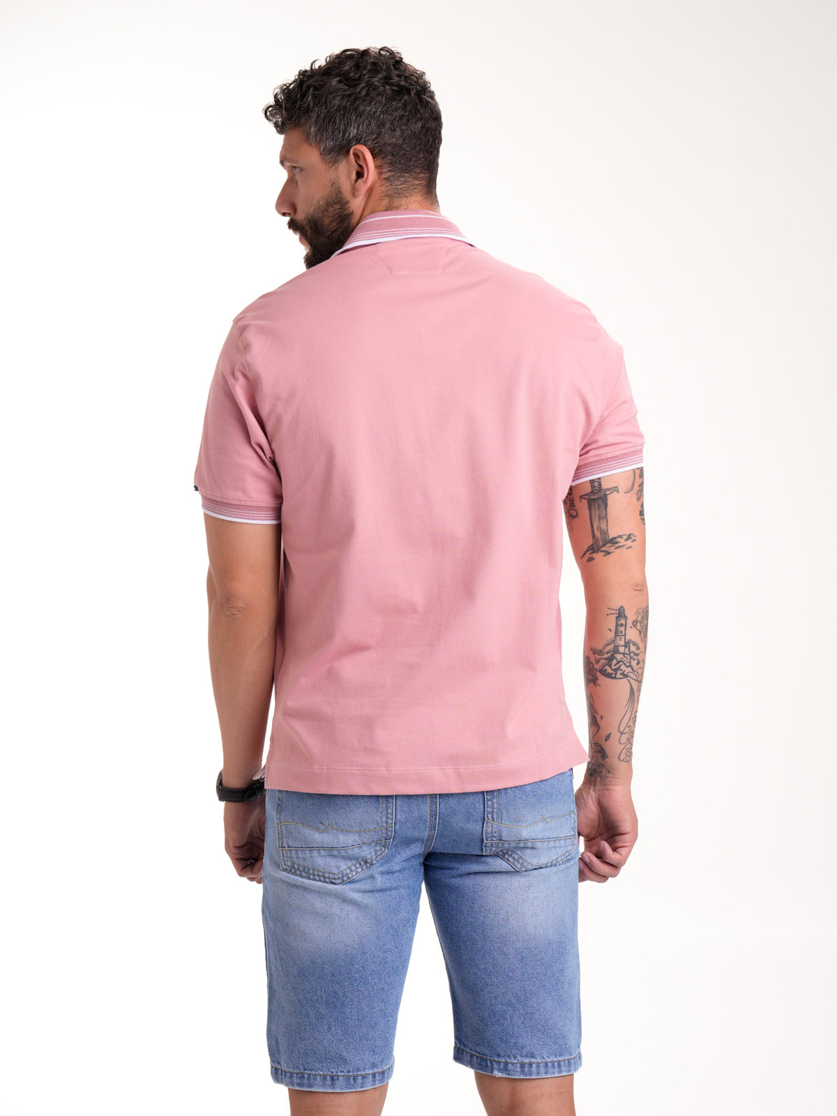 Polo Moda Masculino | Rosado con Cuello a Tono y Líneas Blancas — foto 6