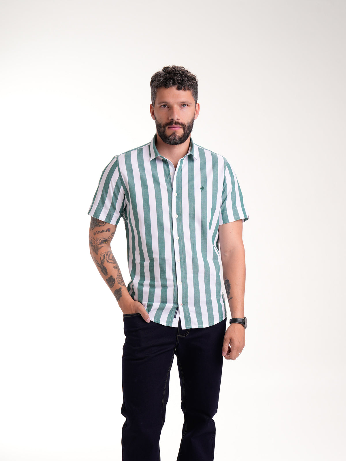 Camisa Masculina Manga Corta | Rayas Verdes y Blancas