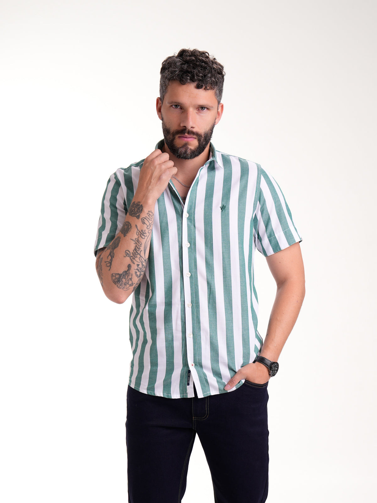 Camisa Masculina Manga Corta | Rayas Verdes y Blancas