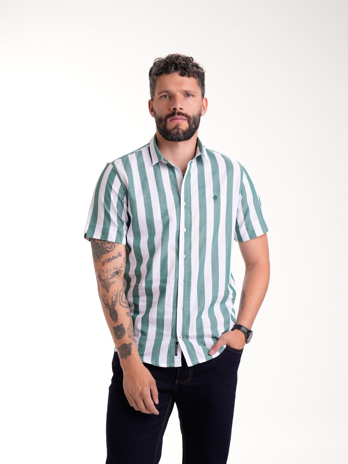 Camisa Masculina Manga Corta | Rayas Verdes y Blancas